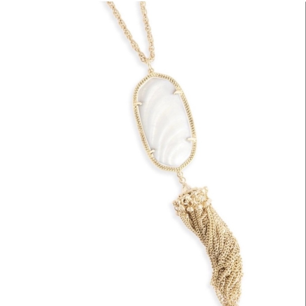 Kendra Scott Rayne Ivory Mother of Pearl Pendant Long Gold Fringe Necklace